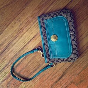 Coach Wristlet Blue Leather and Canvas Print